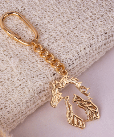 Elita Decorative Gold Horse Keychain with Carabiner Clip, Brass Chain With Gold Plated Finish