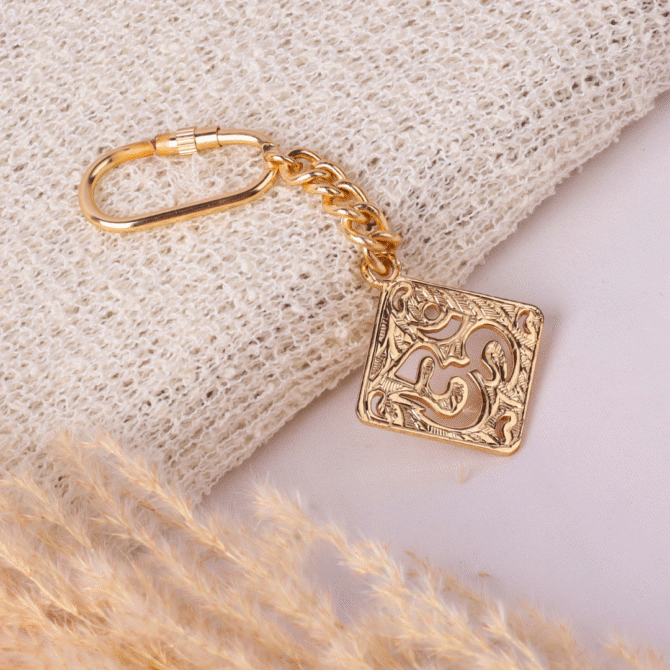 Elita Decorative Om Charm Keychain, Gold-Plated Finish Brass, Square Filigree Design - Image 3