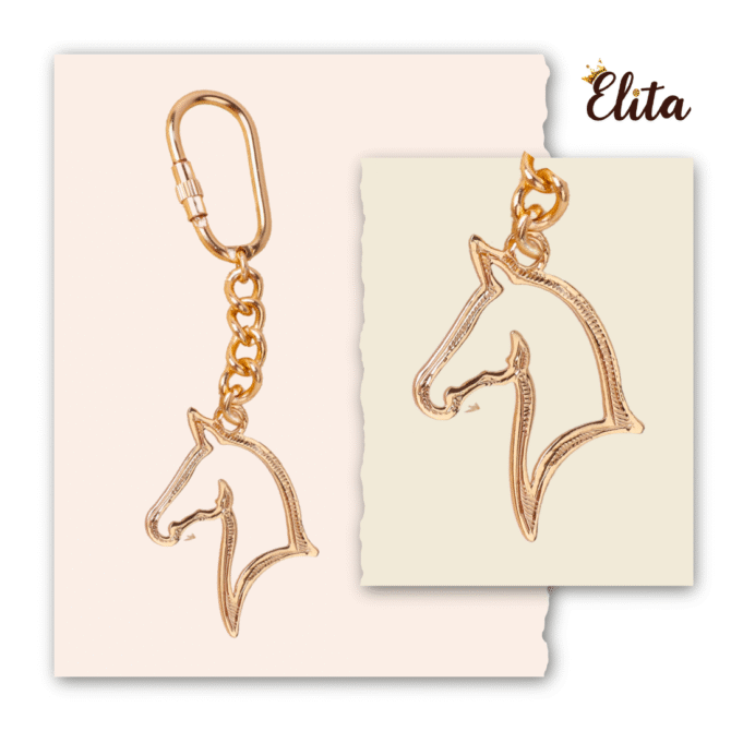 Elita Gold-Plated Finish Horse Head Keychain with Carabiner Clip, Decorative Chain Link Design Brass - Image 3