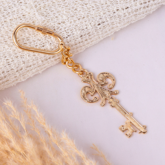 Elita Decorative Gold Key Keychain, Unique Design, Brass Chain With Gold Plated Finish