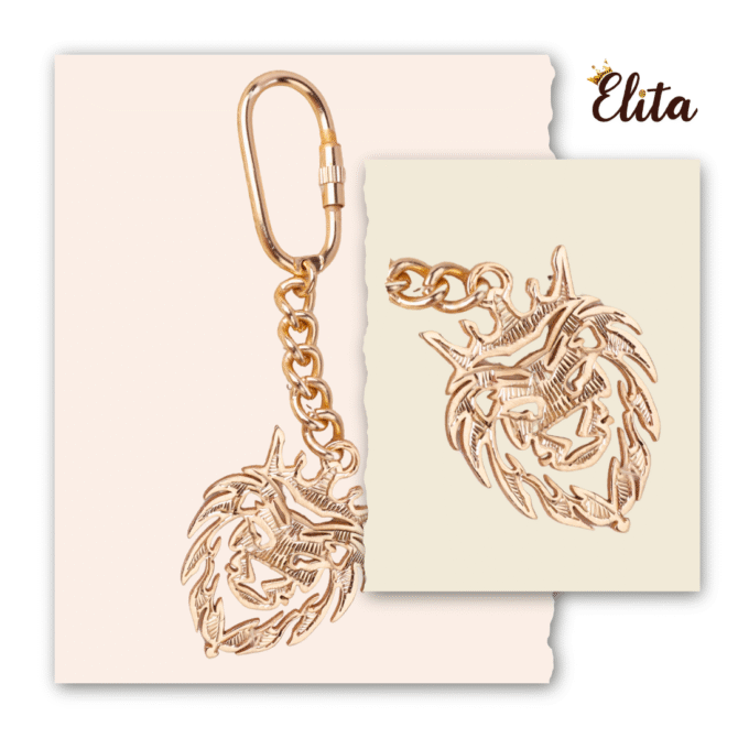 Elita Decorative Gold Lion Keychain with Carabiner Clip, Brass Chain Design With Gold Plated Finish - Image 4