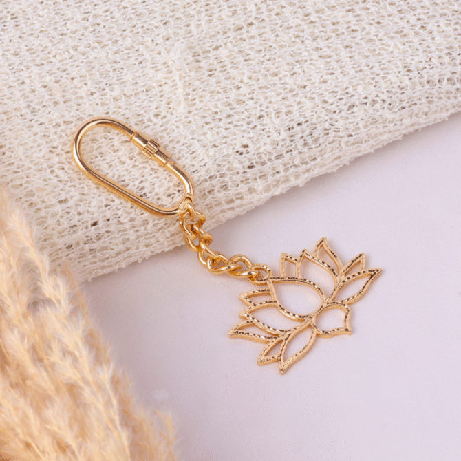 Elita Lotus Flower Keychain with Brass Chain Link, Decorative Brass Charm With Gold Plated Finish - Image 2