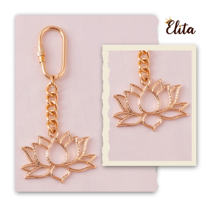 Elita Lotus Flower Keychain with Brass Chain Link, Decorative Brass Charm With Gold Plated Finish - Image 4