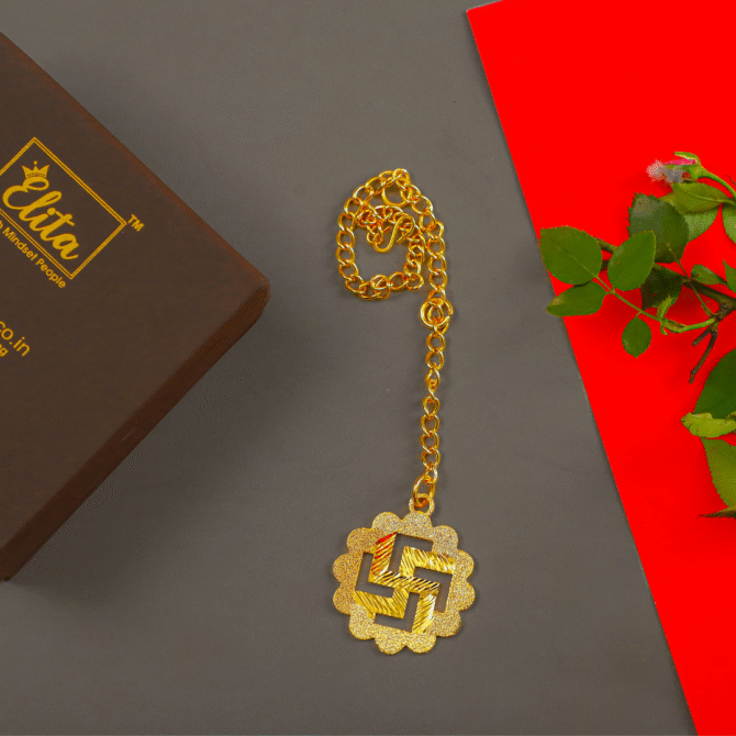 Elita Swastik Car Hanging in Brass with Gold Plated Luxury Swastik Design - Image 2