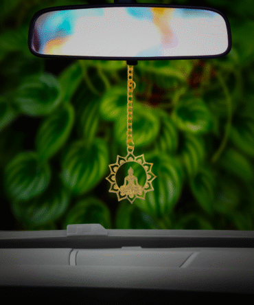 Buddha Car Hanging Charm in Brass with Gold Plated, Buddha Embossed for Car Home or Office