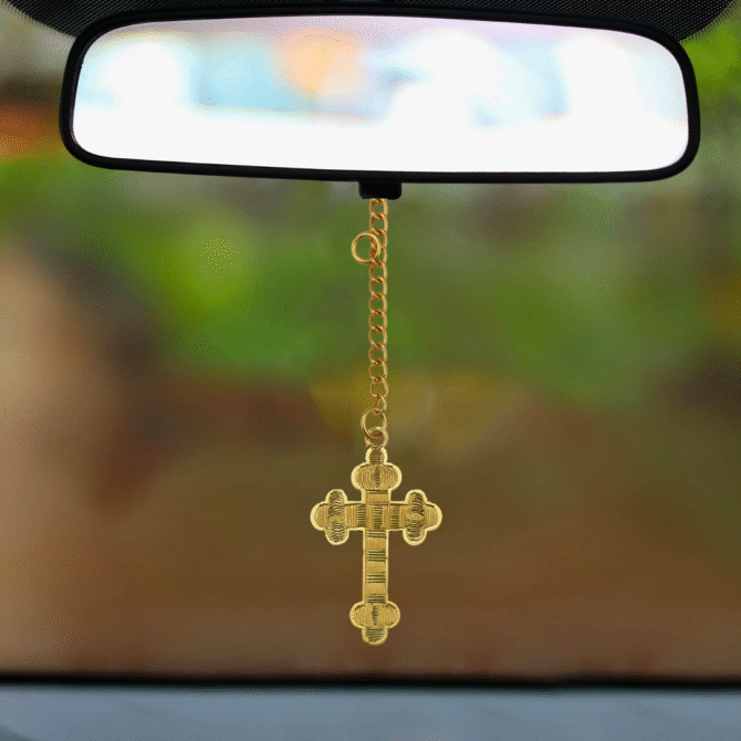 Decorative Gold Cross Car Rear View Mirror Hanging Ornament, Gold-Plated Finish in Brass