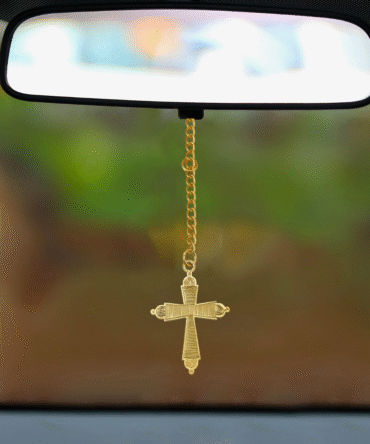 Car Rearview Mirror Cross Pendant, Gold Chain Hanging Religious Ornament, Gold-Plated Finish in Brass