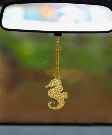Decorative Seahorse Car Rear View Mirror Charm, Gold-Plated Finish in Brass